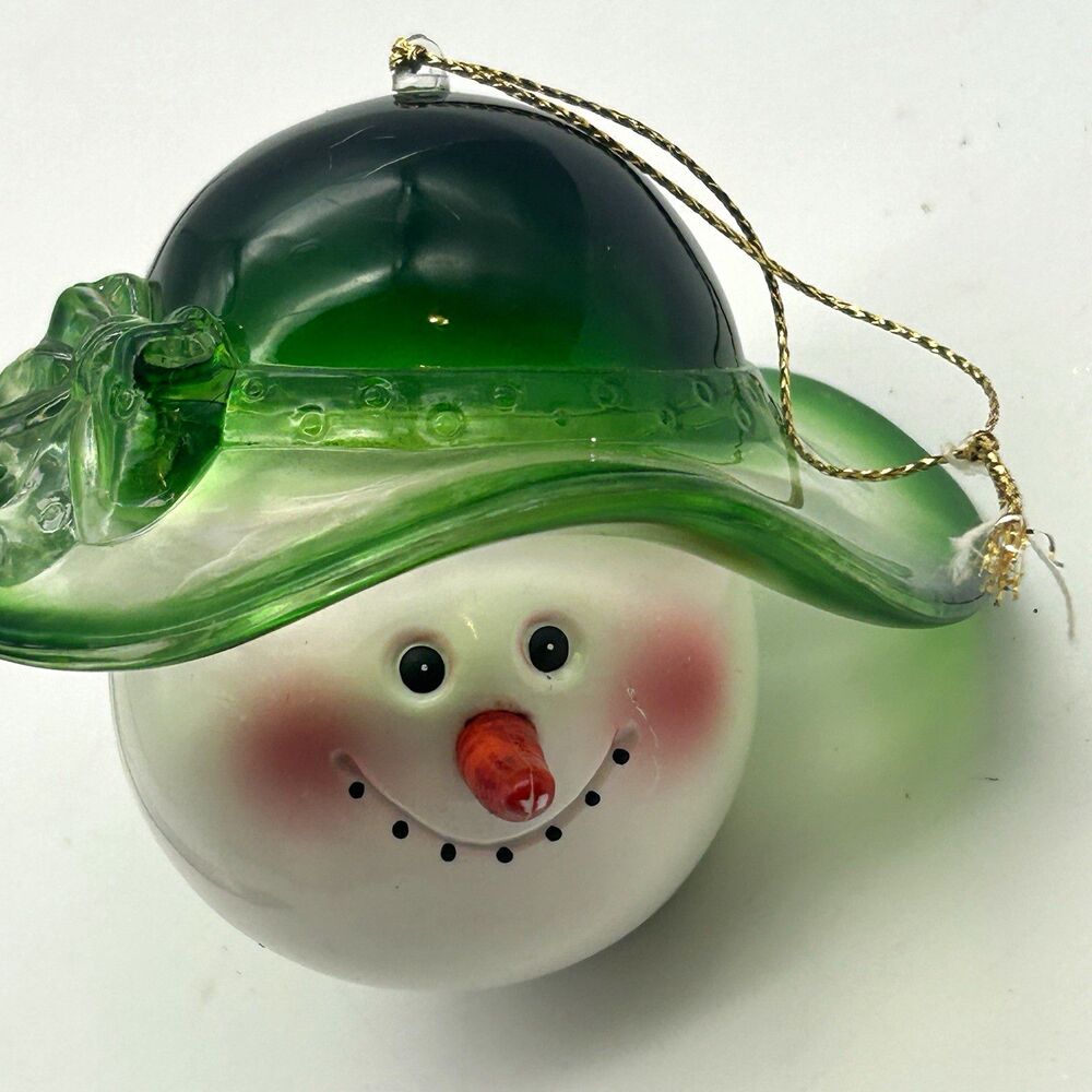 Glass Snowman Head Christmas Ornament Green Hat Hanging Decorative Decor